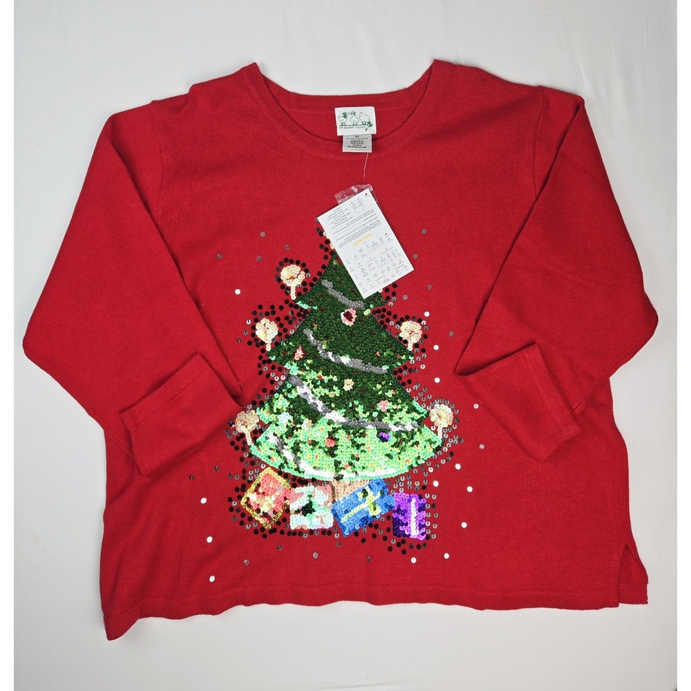 NWT Womens Quacker Factory shirt sz 3X red Christmas sweater sequin tree